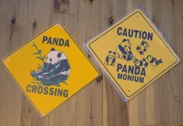 Lot Of 2 Aluminum Tin Wall Sign Decor (Panda Crossing &amp; Caution Panda Monium) - £23.27 GBP
