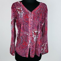 Lucky Brand Womens Small S Pleated Red Gray Paisley Print Button Down Top - $21.59