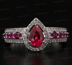Delicate 2Ct Pear Cut Simulated Ruby Engagement Band Ring 925 Sterling Silver - £97.08 GBP