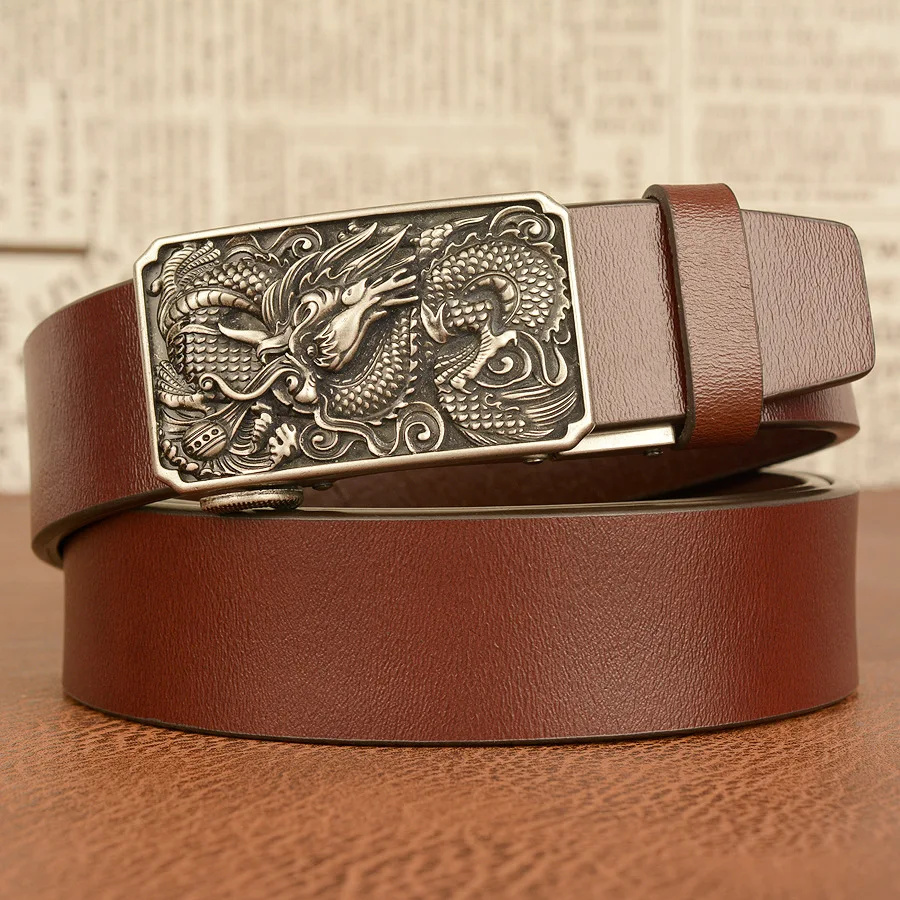 3.5CM China Automatic Dragon Buckle Belt Men Genuine  Leather Men&#39;s Belt-110CM - $32.00