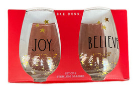 Rae Dunn By Enchante Joy &amp; Believe Stemless Wine Glasses Two Goblets New - £20.99 GBP