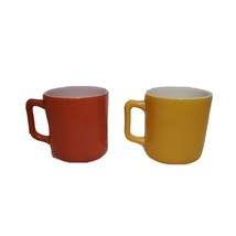 2 Vintage HAZEL Atlas Oven Proof D Handle Coffee Tea TEACUP Mugs Orange Yellow - £17.25 GBP