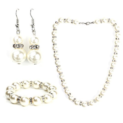Primary image for Classic Faux Pearl & Crystal Set With Necklace, Drop Earrings & Bracelet