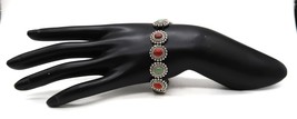 Vtg Silver Tone Red &amp; Green Cabochon Scalloped Edge Stretch Bracelet Fas... - £7.58 GBP