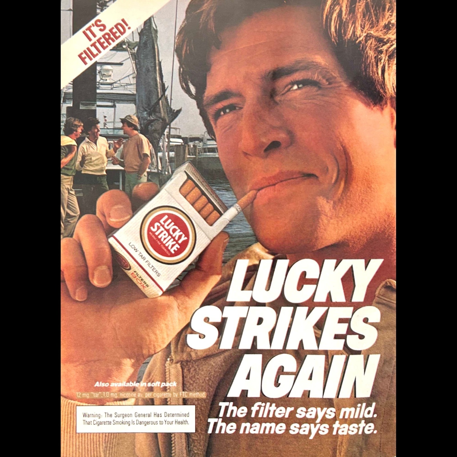 Vintage 1980s Lucky Strike Magazine Print Ad "Lucky Strikes Again" Swordfish - £4.58 GBP