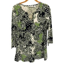 Susan Graver Womens Paisley Print 3/4 Sleeve Top S Green &amp; Black - £14.79 GBP