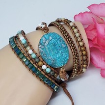 Spunkysoul Beige Leather Wrap Bracelet Jasper &amp; Green Crystal Glass Beads - £15.65 GBP