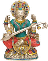 16&quot; Goddess Saraswati Playing Veena In Brass With Inlay | Handmade | Home Decor - £1,118.29 GBP