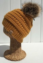 Yellow Beanie Winter Ski Hat Knitted With Pom Pom &amp; Plush Lining #D For ... - £22.31 GBP