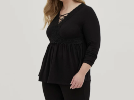 Torrid Black Lace Trimmed Long Sleeve Babydoll Top, Plus Size 1X - £23.34 GBP