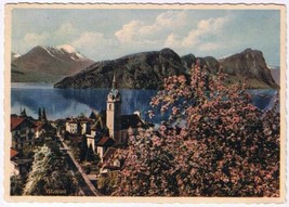 Switzerland Postcard Vitznau Flowering Trees Chruch Lake Mountains - $4.94