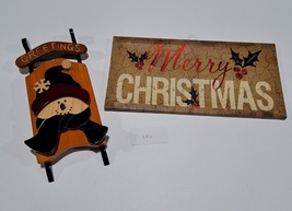 Canvas Holly Merry Christmas &amp; Wooden Greetings Snowman Sled Mint Condition - £10.01 GBP