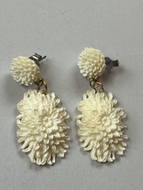 Vintage Carved Cream Dahlia Flower Celluloid Plastic Dangle Post Earrings for - $16.69