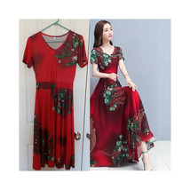  A-Line Floral Maxi Dress   V-Neck Short Sleeve Wine Red Dress Peacock F... - $16.38