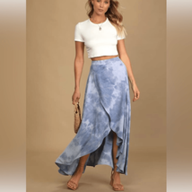 Lulus Above the Clouds Blue Tie-dye High Low Mid Skirt, Blue/White, Medium - $42.08