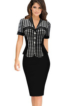 Unomatch Women Short Sleeved Plaid Pattern Peplum Dress Black - £23.22 GBP