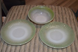 Lot of 3: small bowl &amp; 2 saucers, Federal Heat Proof, Green &amp; white non-... - £9.43 GBP