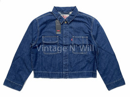 Levis Premium Mens L Blue Half-All Relaxed Fit Cropped Denim Jean Trucker Jacket - £50.28 GBP