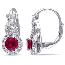 5mm Simulated Ruby &amp; Diamond Halo Twist Leverback Earrings 14K White Gold Plated - £36.92 GBP