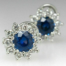 4Ct Round CZ Blue Sapphire Women Stud Earrings 14K White Gold Plated Sliver - £84.49 GBP