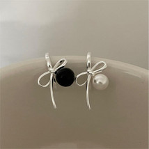 Women Round Shell Pearl Black Agate Bow-Knot Stud 925 Sterling Silver Earrings - £56.29 GBP