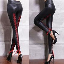 Punk Rock Sexy Bandage Leather Leggings with High-Waist Lace-Up Bodycon Pencil D - £28.66 GBP