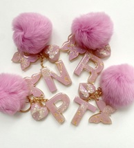 Lovely personalised KEYCHAIN. Epoxy resin handmade. Real fur pom pom - £7.09 GBP