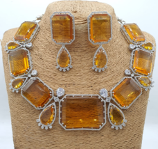 Bollywood Style Indian Silver Plated Choker Necklace CZ Yellow Stone Jewelry Set - £186.10 GBP