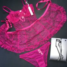 Victoria&#39;s Secret Unlined M Babydoll Apron+Panty Wicked Rose Open Back Hot Pink - £94.95 GBP