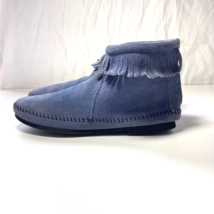 Minnetonka Moccasin Womens 7.5 Storm Blue Suede Back Zip Fringe Casual S... - £27.05 GBP