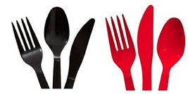 Red &amp; Black Heavy Duty Plastic Cutlery Sets - 16 Spoons, 16 Forks, 16 Knives - 2 - £5.81 GBP