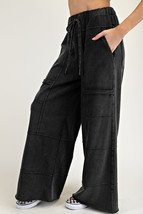 Black Mineral Wash Exposed Seam Drawstring Elastic Waistband Wide Leg Ca... - $725.98 MXN