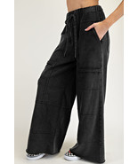 Black Mineral Wash Exposed Seam Drawstring Elastic Waistband Wide Leg Ca... - €33,42 EUR