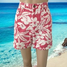 Vintage 80s Denim Floral Mom Shorts Sz 6 High Waist Red White Hawaiian Cotton  - £18.18 GBP