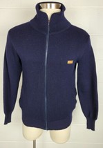 Vtg Ellevi Blue Wool Blend Zip Front Sweater w Elbow Patches Italy Legge... - £30.61 GBP