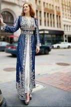 Modern Caftan Women Blue Kaftan Dress Dubai Moroccan Designer Muslim Gown - £71.04 GBP