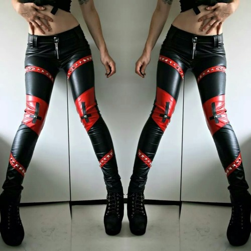 Women Slim Fit Black And Red Genuine Leather Silver Studded Zipper Genuine Pants