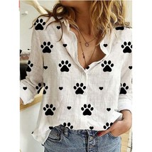 Utumn lapel long sleeve women shirt vintage dog paw print blouse white blue pink casual thumb200