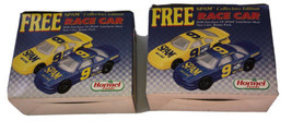 Spam Hormel Foods Promo Blue &amp; Yellow Race Car Set Of 2 W/ Boxes - £10.90 GBP