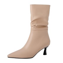 Autumn Women Mid-Calf Boots Sexy Leather Folds Ankle Boots Pointed Toe 5CM Thin  - £41.48 GBP