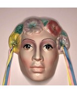Vintage Clay Mask Woman with Yellow Pink and Purple Flower Head Piece - $16.83