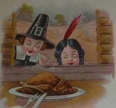 Pilgrim &amp; Native American Kids EyeingTurkey Dinner Antique Thanksgiving ... - £4.33 GBP