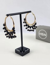 Gold Tone Hoop earrings black dangle onyx stone excellent condition - £23.73 GBP