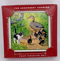 Absorbent AbsorbaStone Coaster Set of 4 w/Kitty &amp; Family of Ducks Cork Backs - £13.44 GBP
