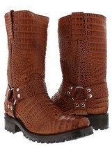 Mens Cognac Biker Boots Crocodile Belly Pattern Leather Cowboy Motorcycle Square - £150.27 GBP