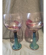 Two  Wine Glasses Handmade Studio Art Pottery Stem Goblets Multicolor - $26.73