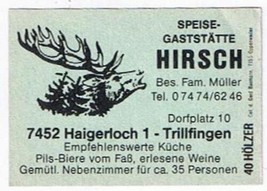 Matchbox Label Germany Speisegaststatte Hirsch Trillfingen - £0.76 GBP