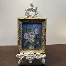 Vintage Original Rose Floral Painting With Cast Iron Stand - $94.95