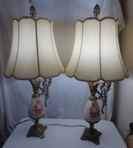 Vtg MCM PAIR Pitcher Ewer Art  Pink Flowers Mediterranean Table Lamps w/shades - £187.86 GBP