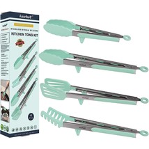 4In1 Stainless Steel Kitchen Food Tongs Set For Cooking With Bpa Free Silicone T - £27.16 GBP
